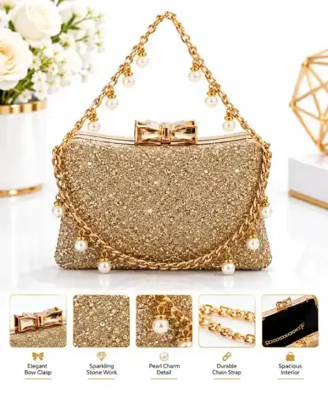 Stone Purse Golden Glitter & Stone Evening Clutch Bag