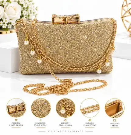 Stone Purse Golden Glitter & Stone Evening Clutch Bag