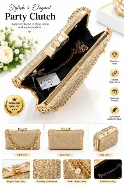 Stone Purse Golden Glitter & Stone Evening Clutch Bag
