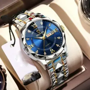 BINBOND Luxury Royal Blue Quartz Watch for Men – Diamond Cut Gold & Silver Strap