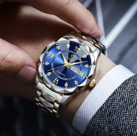 BINBOND Luxury Royal Blue Quartz Watch for Men – Diamond Cut Gold & Silver Strap