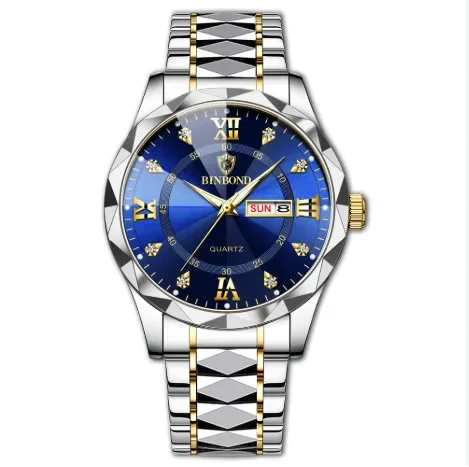 BINBOND Luxury Royal Blue Quartz Watch for Men – Diamond Cut Gold & Silver Strap