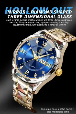 BINBOND Luxury Royal Blue Quartz Watch for Men – Diamond Cut Gold & Silver Strap
