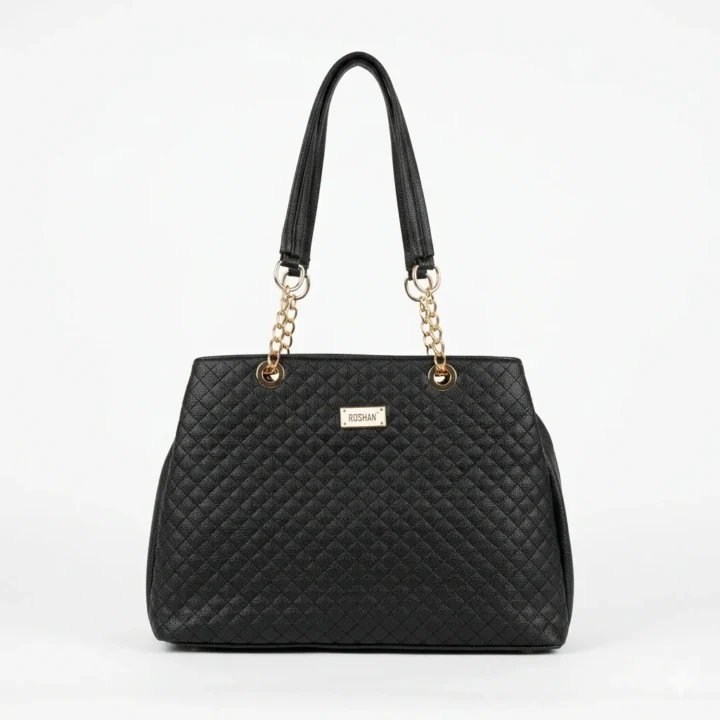 Black Quilted Shoulder Bag with Gold Chain Straps