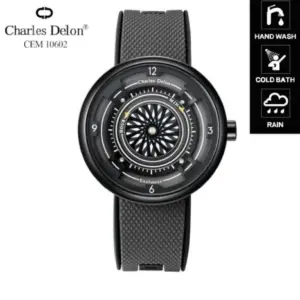 Charles Delon Luxury Creative Black Watch for Men – Unique Rotating Dial Design