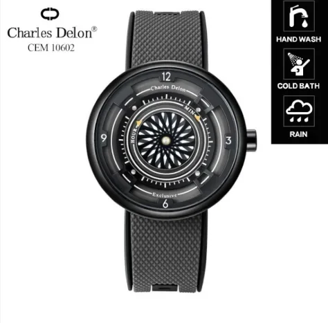 Charles Delon Luxury Creative Black Watch for Men – Unique Rotating Dial Design