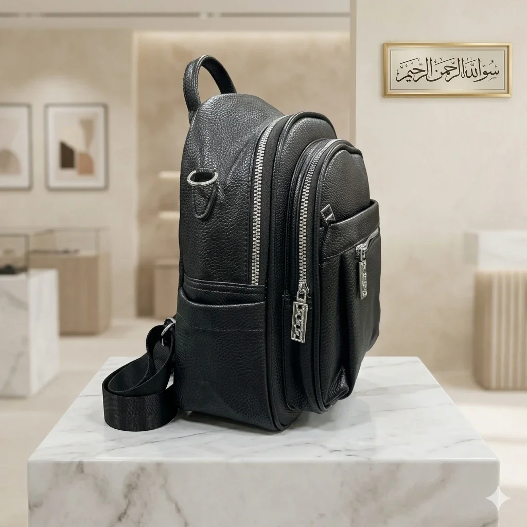 China Black PU Leather Multipurpose Backpack for collage going girl