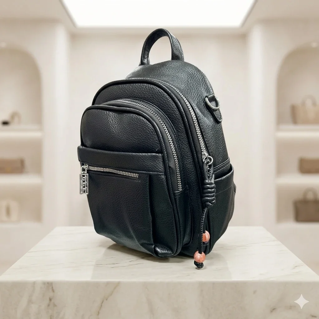 China Black PU Leather Multipurpose Backpack for collage going girl