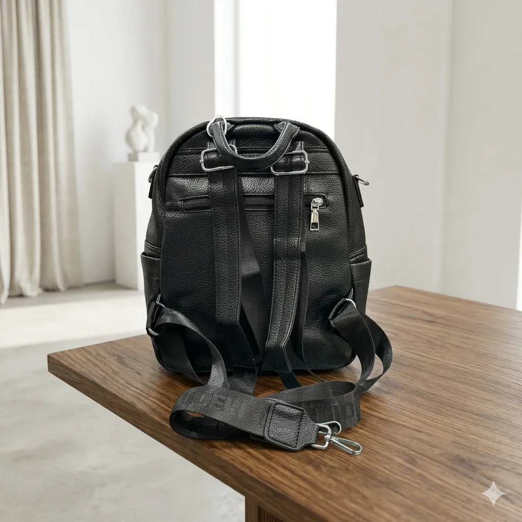 China Black PU Leather Multipurpose Backpack for collage going girl