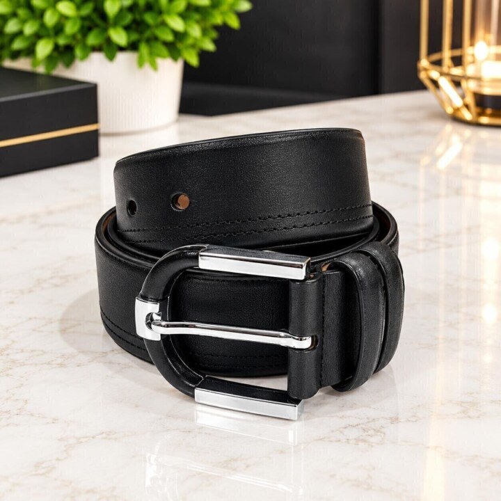 Classic Black Leather Belt with Silver Buckle