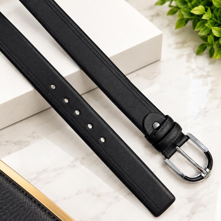 Classic Black Leather Belt with Silver Buckle