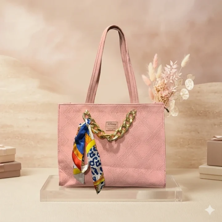 Disney x Loungefly Elegant Pink Tote Bag with Gold Chain & Silk Scarf