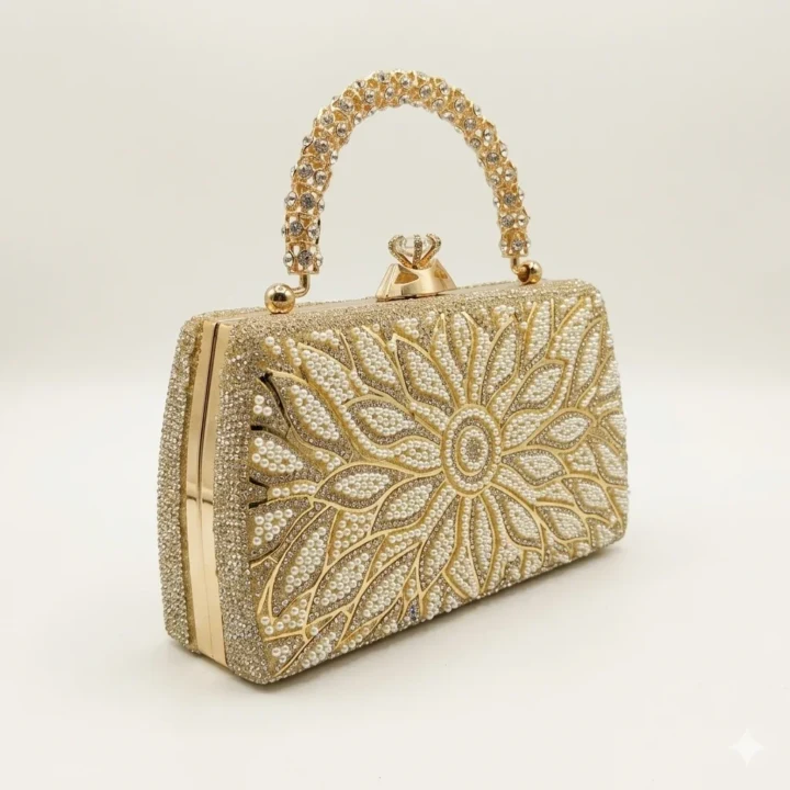 Floral Pearl & Rhinestone Embellished Party Clutch