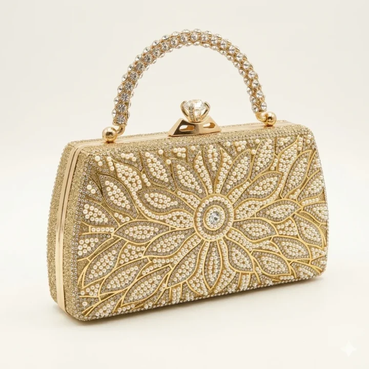 Floral Pearl & Rhinestone Embellished Party Clutch