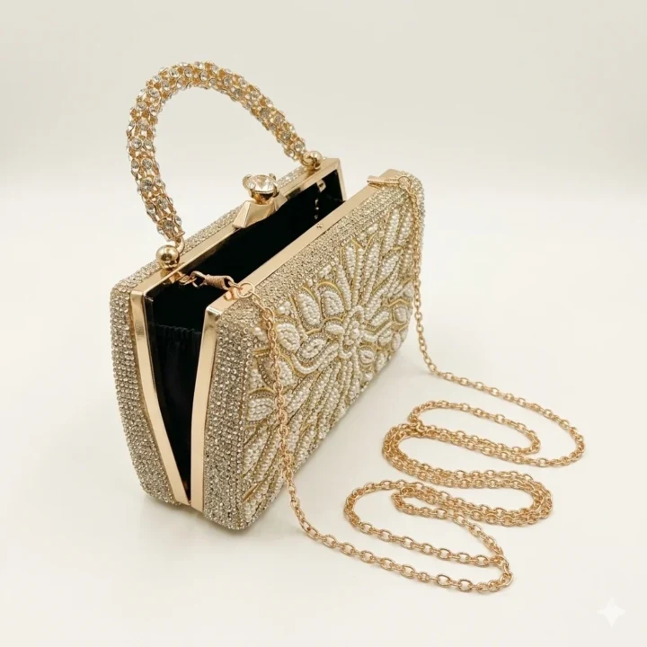 Floral Pearl & Rhinestone Embellished Party Clutch