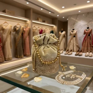 Bridal Maroon Velvet Batua Bag with Golden Paurl