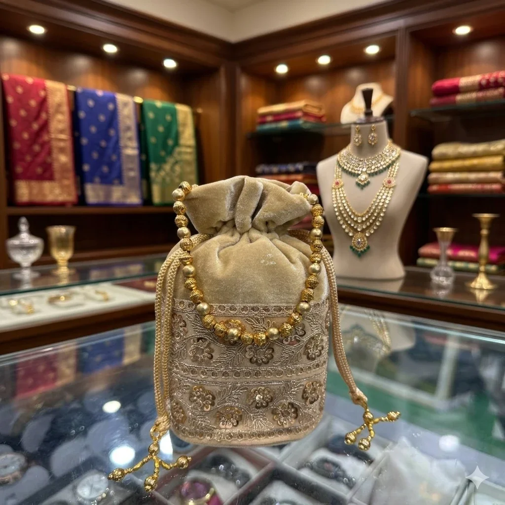 Bridal Maroon Velvet Batua Bag with Golden Paurl