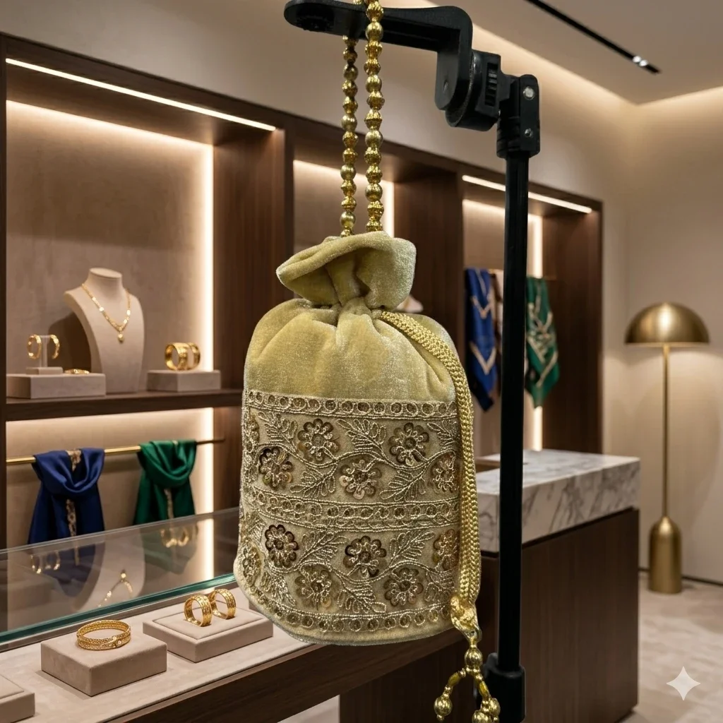 Bridal Maroon Velvet Batua Bag with Golden Paurl
