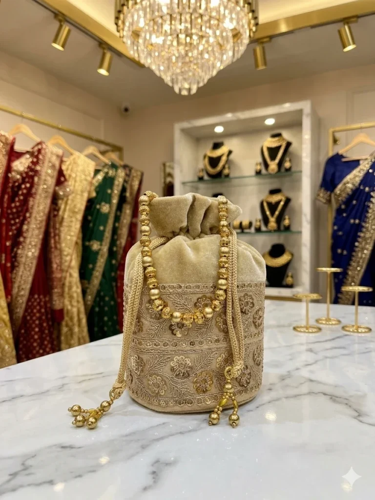 Bridal Maroon Velvet Batua Bag with Golden Paurl