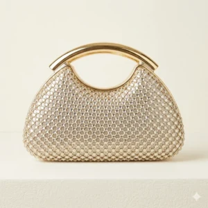Luxury Silver "Golden Orb" Handbag with Zircon Mesh Cut-Out Gold Ring Handle