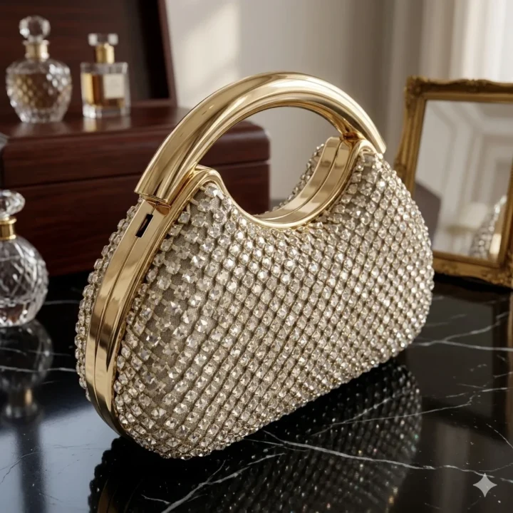 Luxury Silver "Golden Orb" Handbag with Zircon Mesh Cut-Out Gold Ring Handle