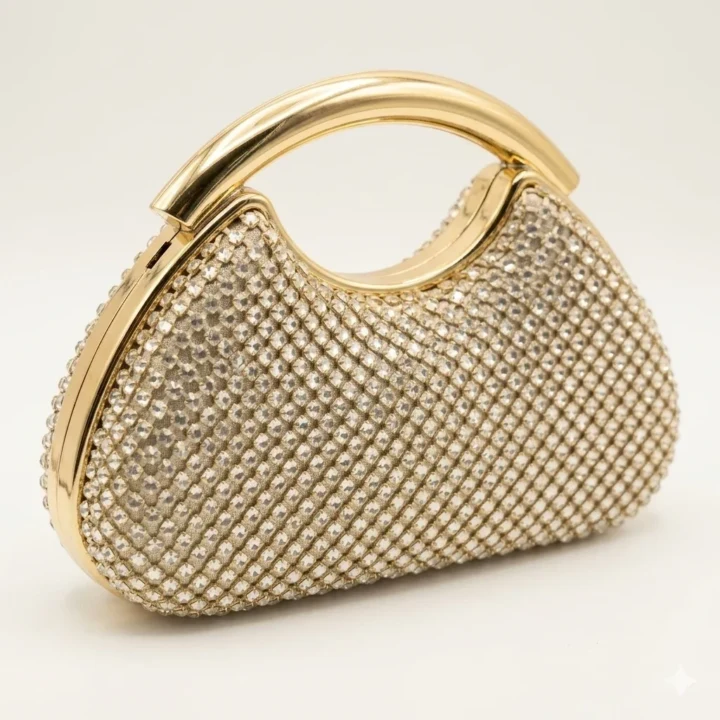 Luxury Silver "Golden Orb" Handbag with Zircon Mesh Cut-Out Gold Ring Handle
