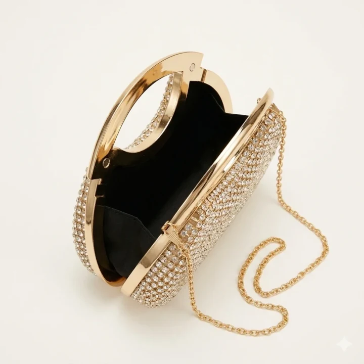 Luxury Silver "Golden Orb" Handbag with Zircon Mesh Cut-Out Gold Ring Handle