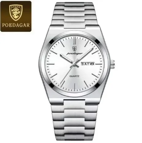 Poedagar Luxury Classic Silver Watch for Men – Water-Resistant with Day-Date Display
