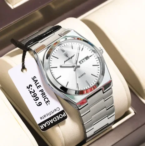 Poedagar Luxury Classic Silver Watch for Men – Water-Resistant with Day-Date Display