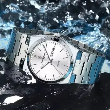 Poedagar Luxury Classic Silver Watch for Men – Water-Resistant with Day-Date Display