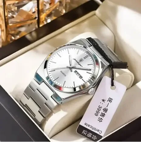 Poedagar Luxury Classic Silver Watch for Men – Water-Resistant with Day-Date Display