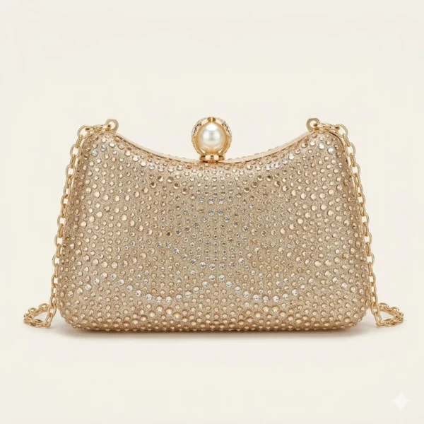 Royal Golden Full-Rhinestone Party Clutch with Premium Pearl Kiss-Lock Clasp