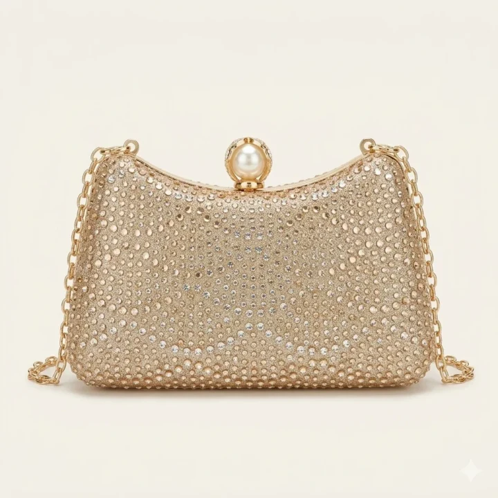 Royal Golden Full-Rhinestone Party Clutch with Premium Pearl Kiss-Lock Clasp