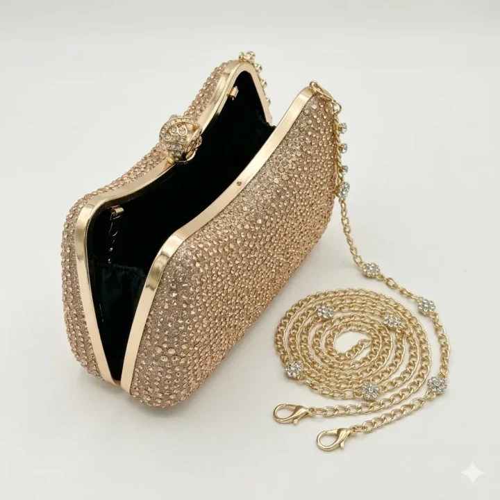 Royal Golden Full-Rhinestone Party Clutch with Premium Pearl Kiss-Lock Clasp