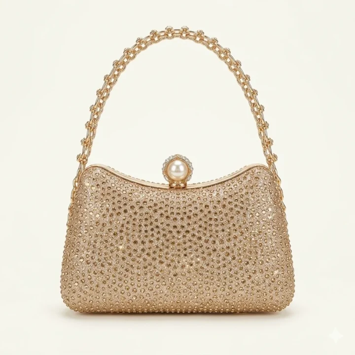Royal Golden Full-Rhinestone Party Clutch with Premium Pearl Kiss-Lock Clasp