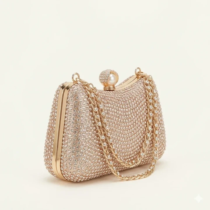 Royal Golden Full-Rhinestone Party Clutch with Premium Pearl Kiss-Lock Clasp