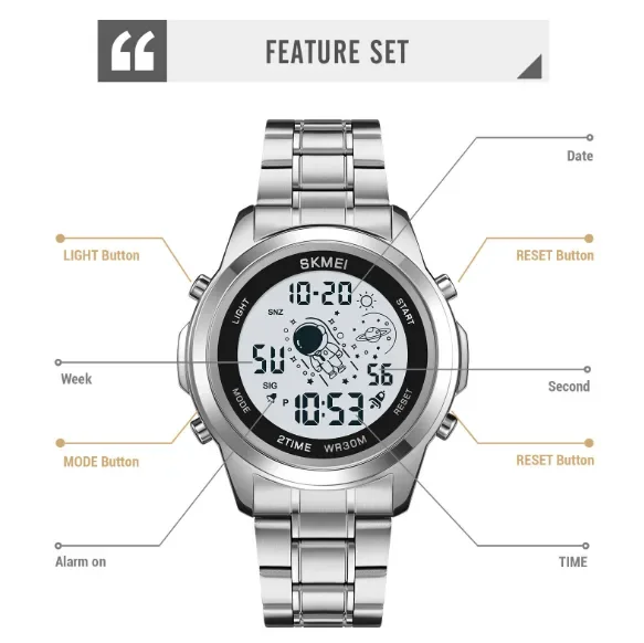 SKMEI Luxury Astronaut Digital Watch for Men – Premium Stainless Steel Strap
