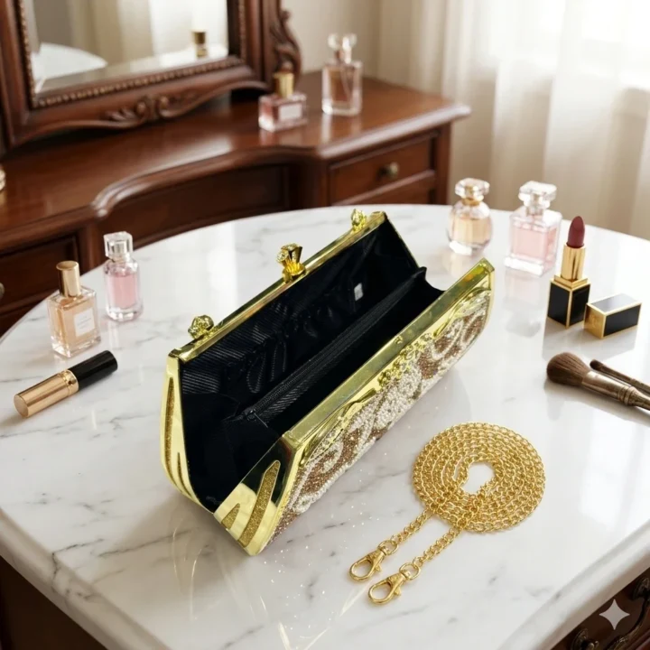 Stone Party Bag- Rhinestone Embellished Party Clutch Bag - Golden Premium