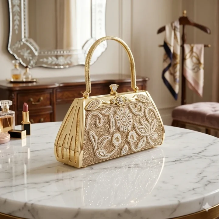 Stone Party Bag- Rhinestone Embellished Party Clutch Bag - Golden Premium