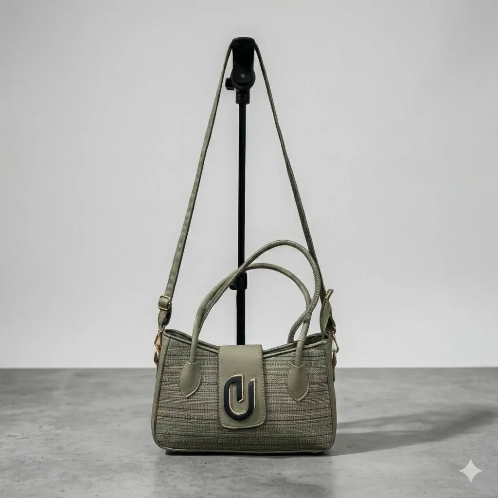 Trendy Olive Woven Textured Handbag & Crossbody Sling