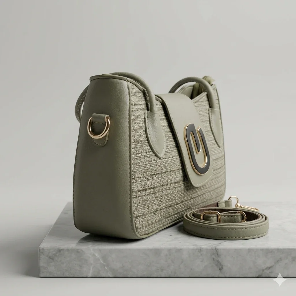Trendy Olive Woven Textured Handbag & Crossbody Sling