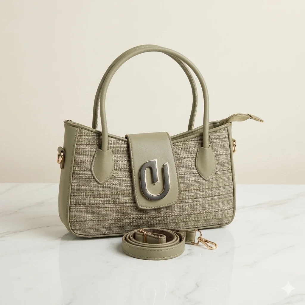 Trendy Olive Woven Textured Handbag & Crossbody Sling