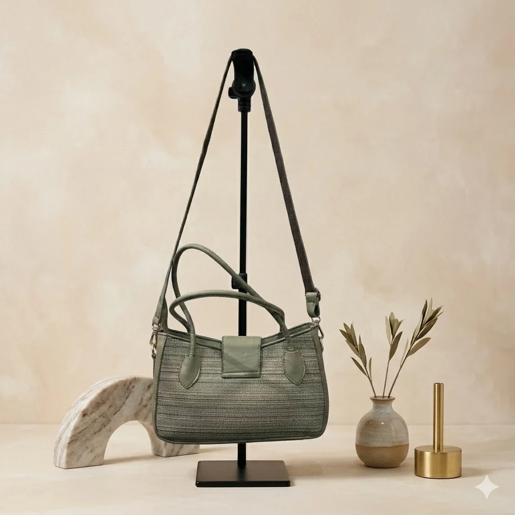 Trendy Olive Woven Textured Handbag & Crossbody Sling